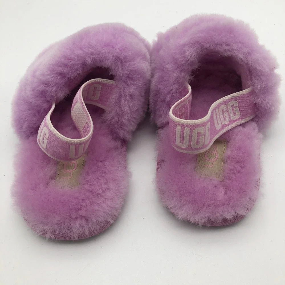 UGG Kids Girls Fluff Yeah Slide Purple Fluffy Slingback Sandals Size 10 ~17cm